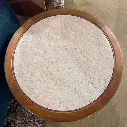 Round Marble Top Wooden Spanish Revival Side Table