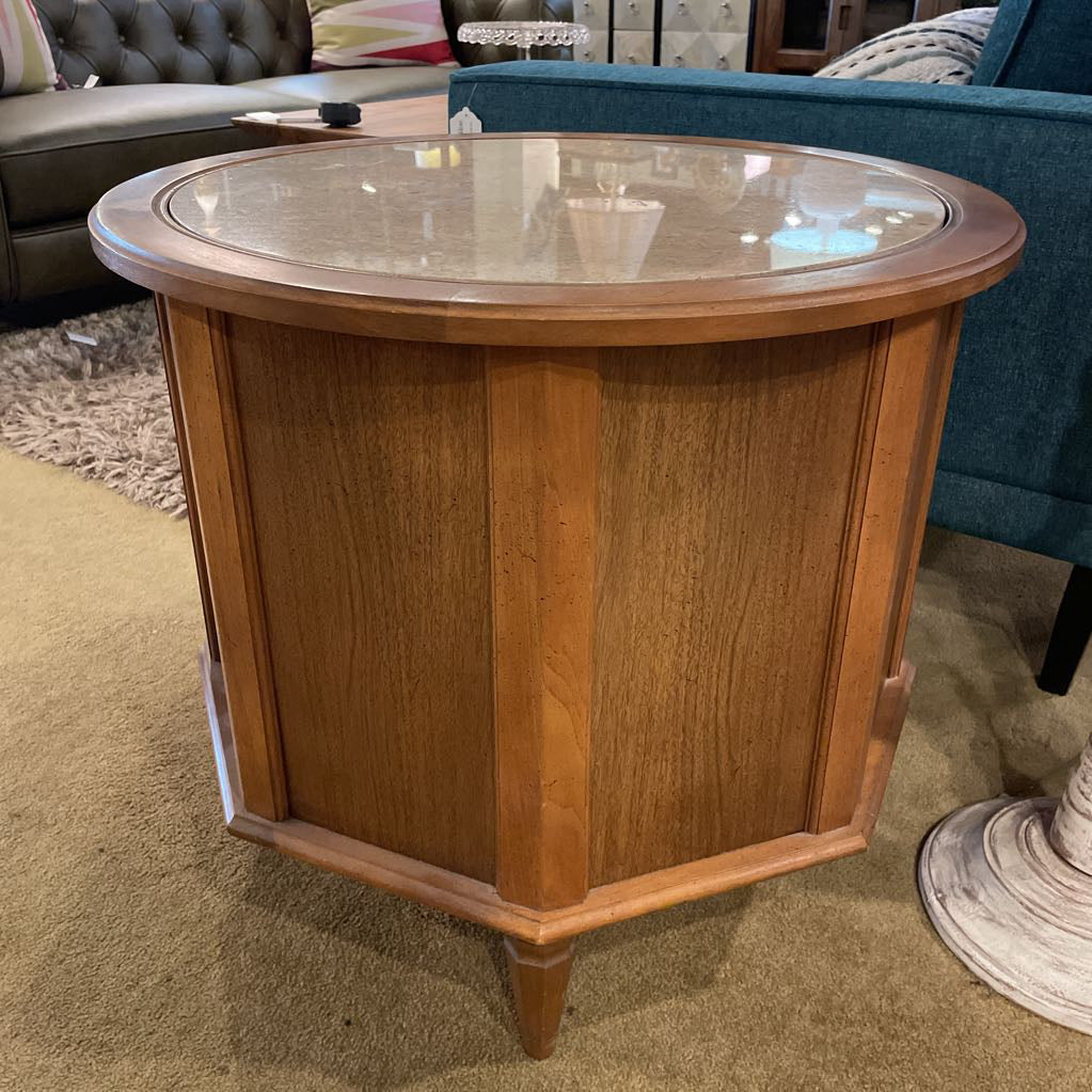 Round Marble Top Wooden Spanish Revival Side Table