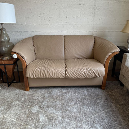 Ekornes Tan Leather Slanted Arm Loveseat