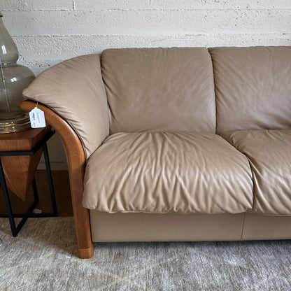 Ekornes Tan Leather Slanted Arm Loveseat