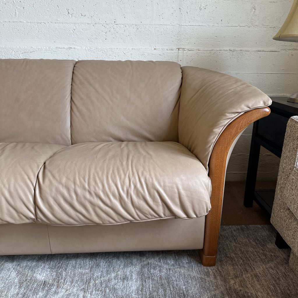 Ekornes Tan Leather Slanted Arm Loveseat