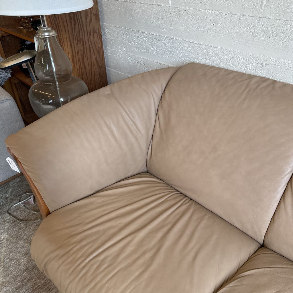 Ekornes Tan Leather Slanted Arm Loveseat