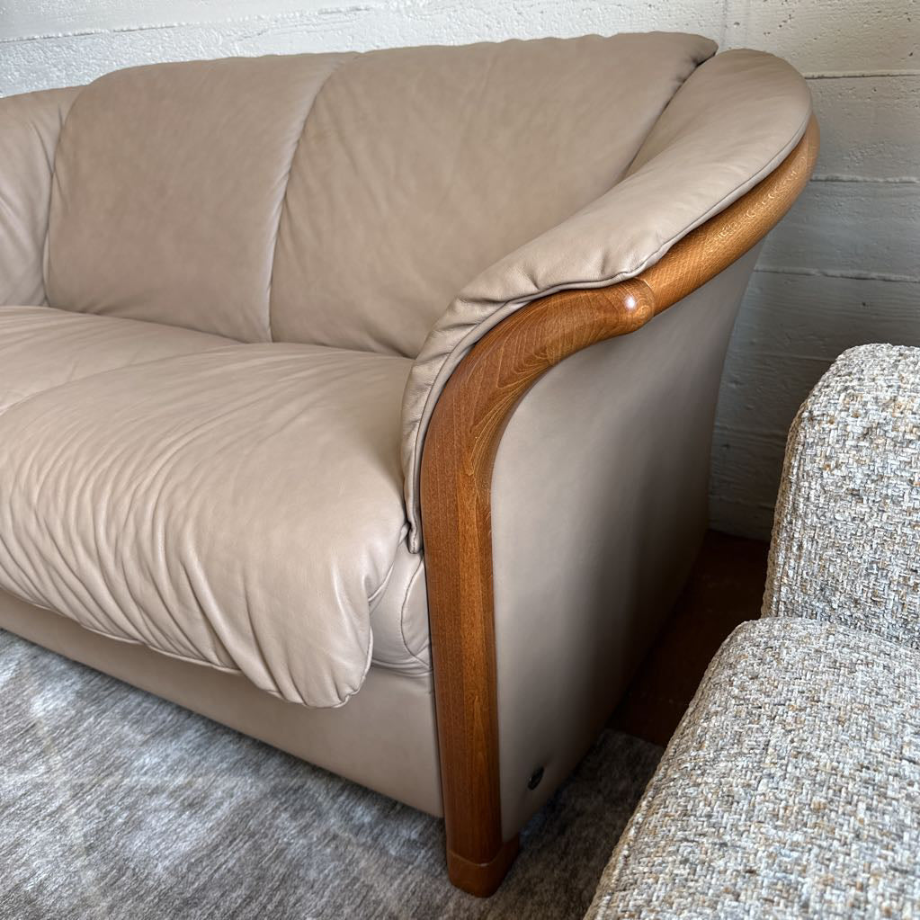 Ekornes Tan Leather Slanted Arm Loveseat